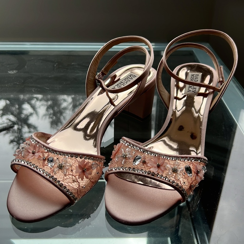 Badgley Mischka Pink Satin Floral Crystal Block Heel Sandals - Picture 3 of 13